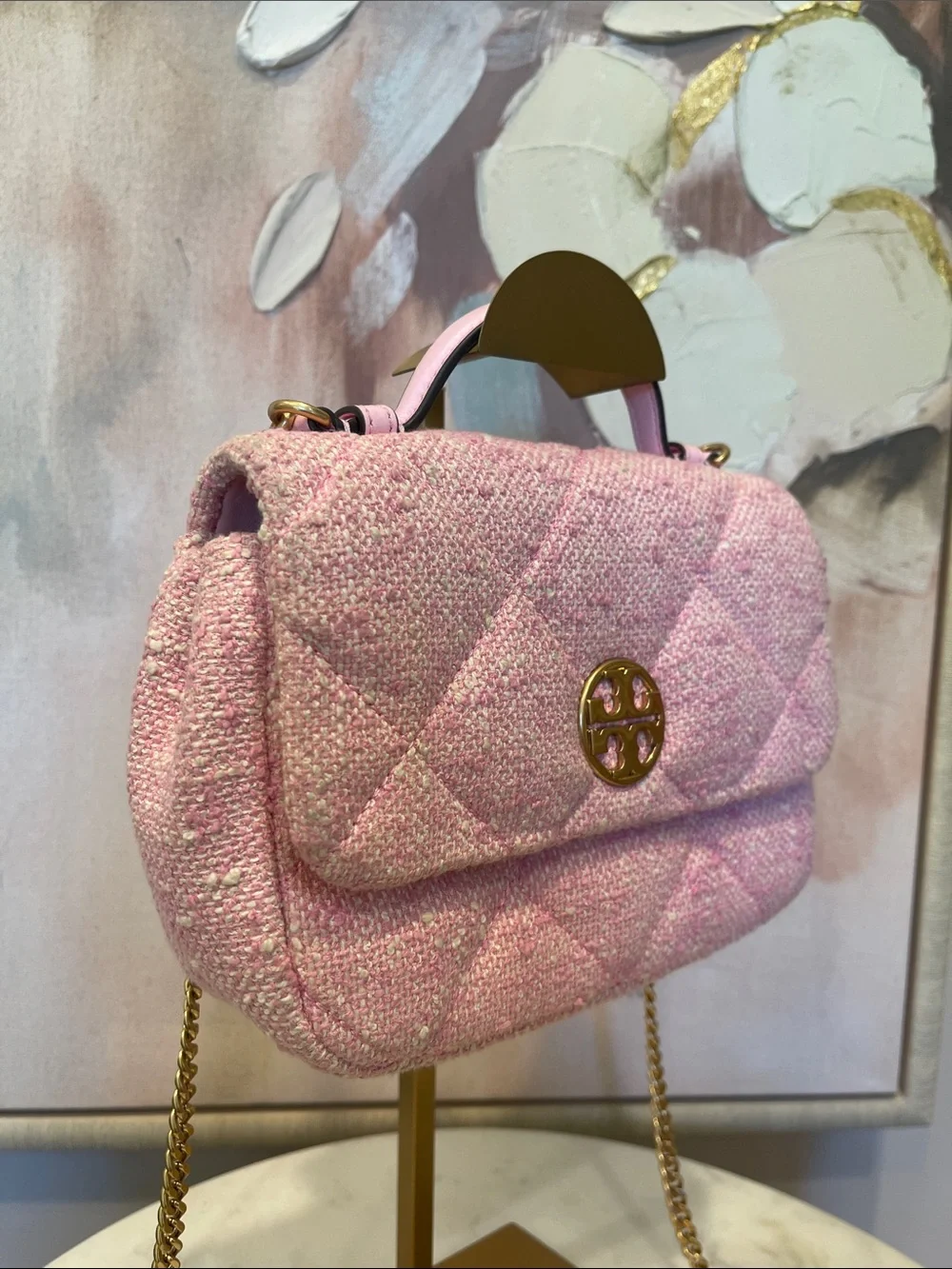 Tory Burch Quilted Tweed Mini Top Handle with Crossbody in Pink